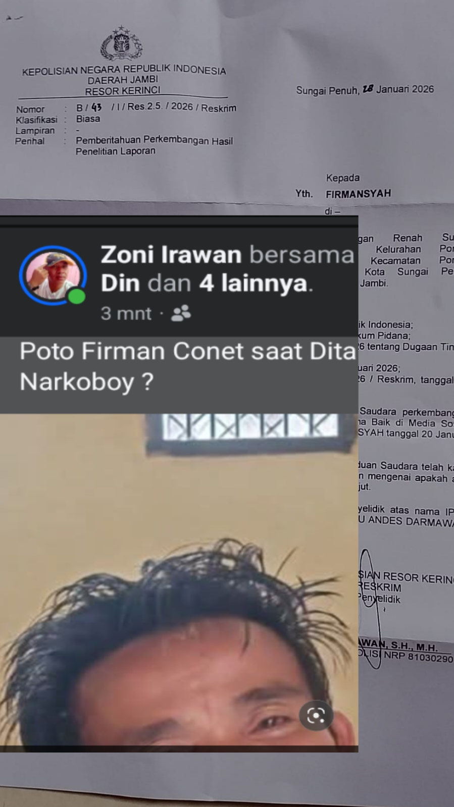 Laporan Dugaan Pencemaran Nama Baik, Pemilik Akun FB Zoni Irawan Telah Diperiksa Polisi