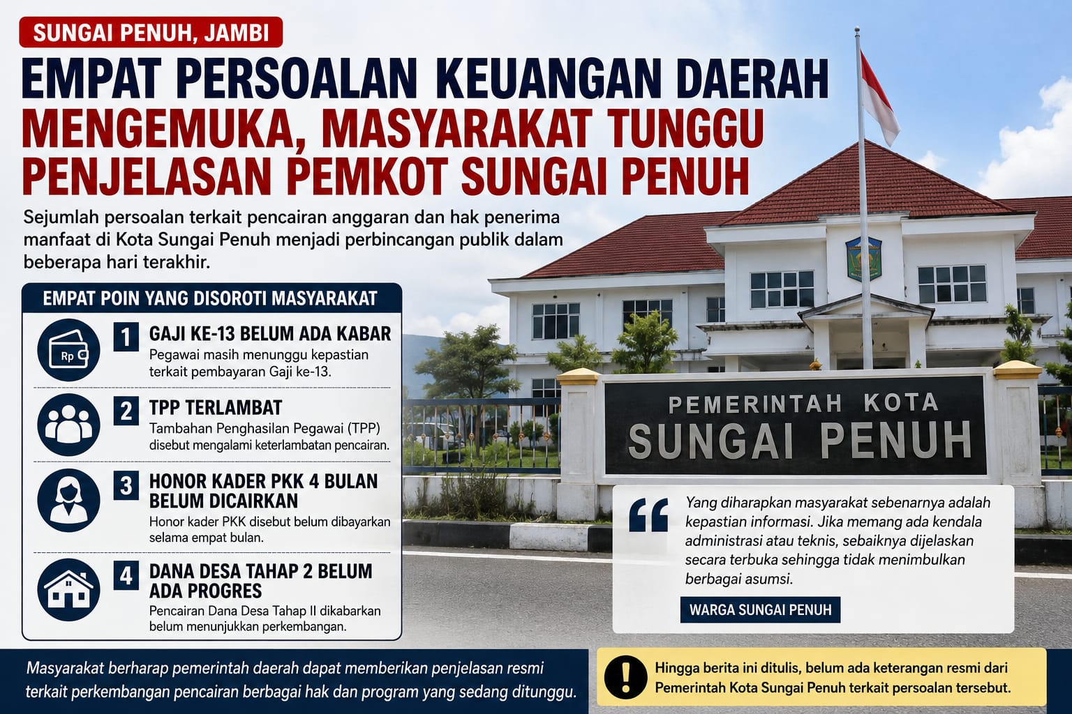 Empat Persoalan Keuangan Daerah Mengemuka, Masyarakat Tunggu Penjelasan Pemkot Sungai Penuh