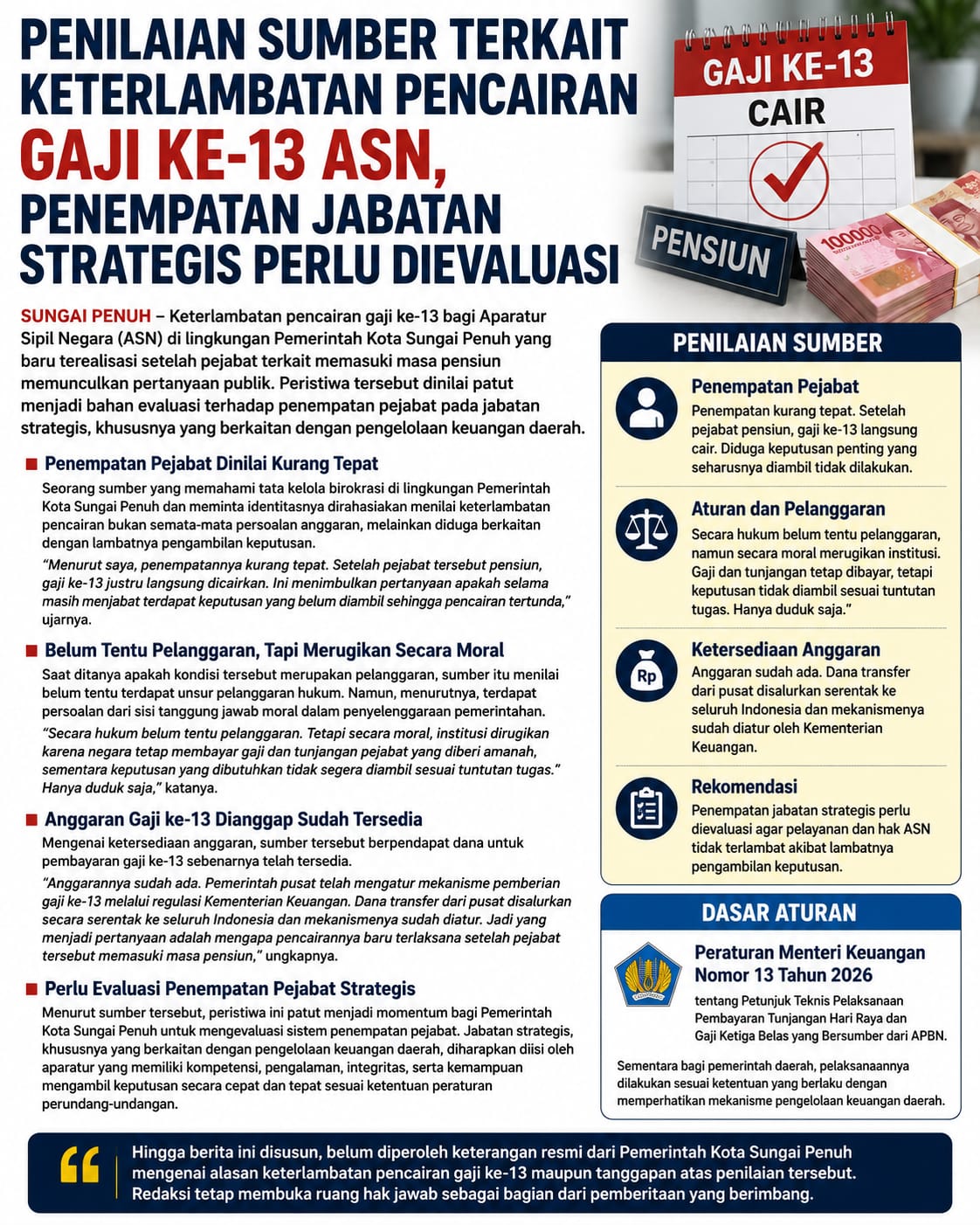 Penilaian Sumber Terkait Keterlambatan Pencairan Gaji ke-13 ASN, Penempatan Jabatan Strategis Perlu Dievaluasi