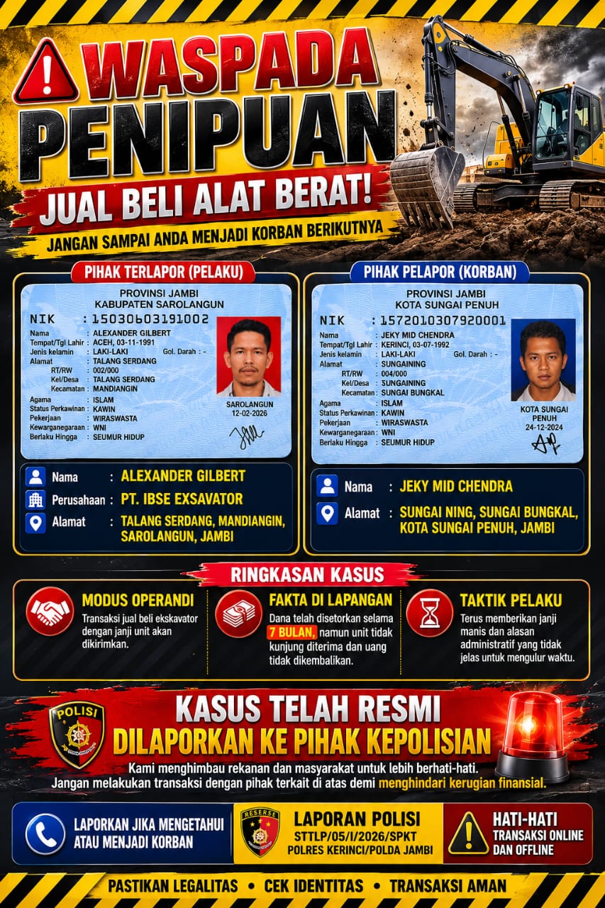 Transaksi Ekskavator Mandek 7 Bulan, Warga Sungai Penuh Tempuh Jalur Hukum
