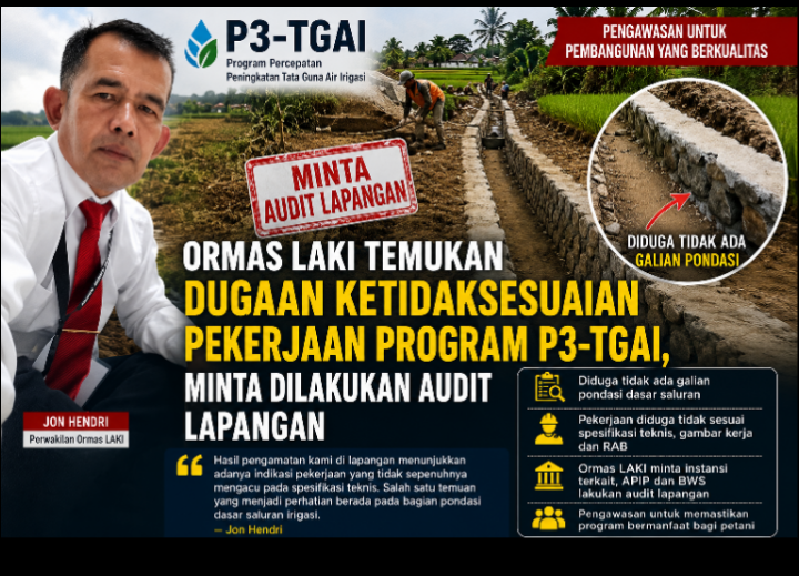 Ormas LAKI Temukan Dugaan Ketidaksesuaian Pekerjaan Program P3-TGAI, Minta Dilakukan Audit Lapangan