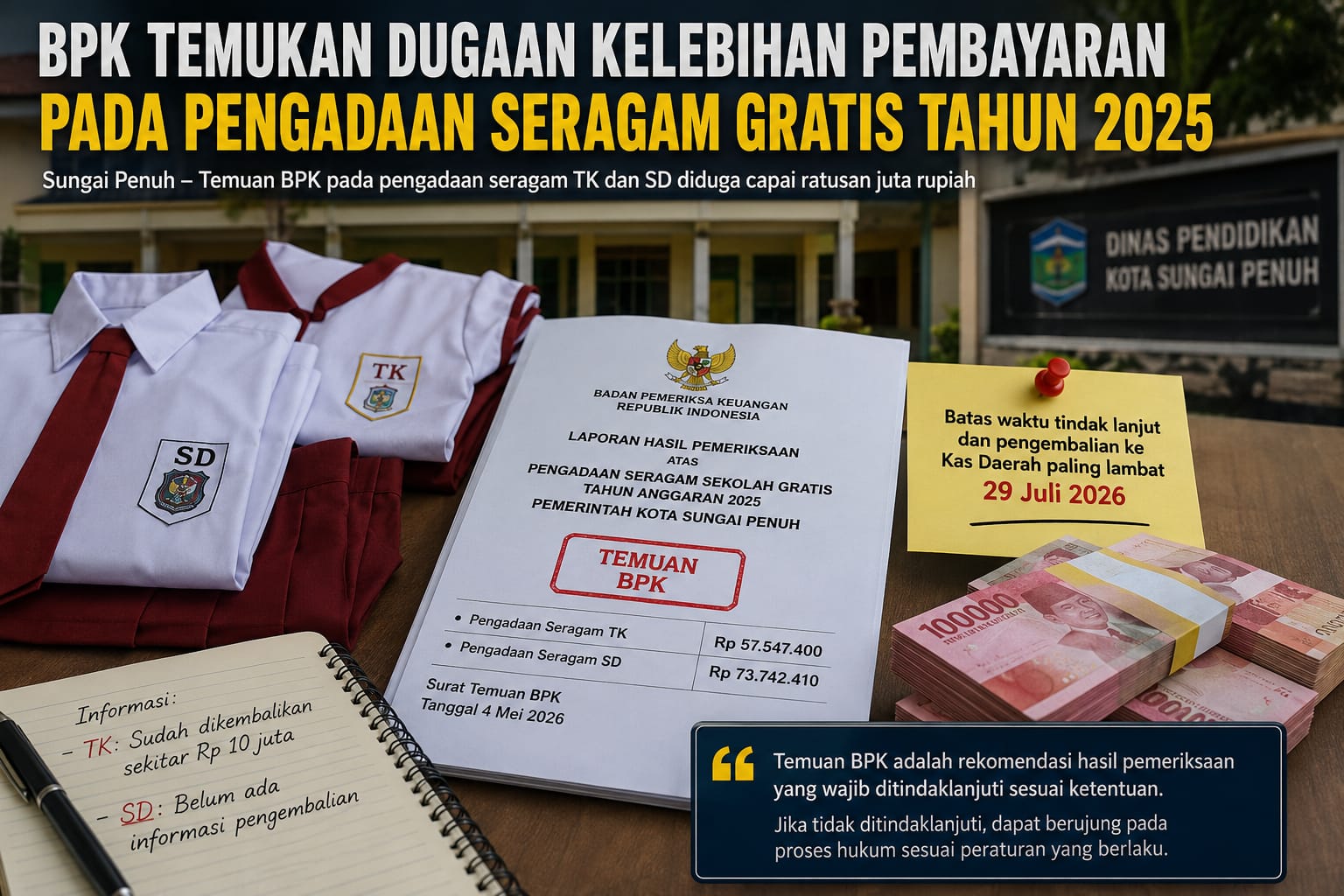 BPK Temukan Dugaan Kelebihan Pembayaran pada Pengadaan Seragam Gratis Tahun 2025 di Kota Sungai Penuh