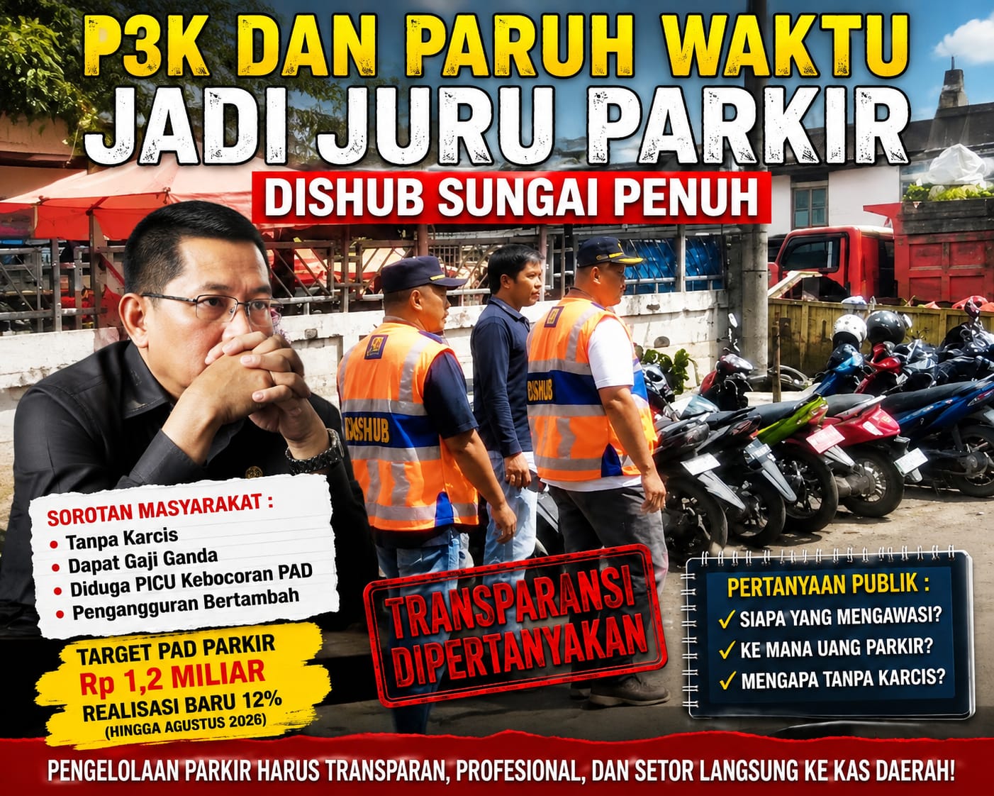 P3K & Pegawai Paruh Waktu Jadi Juru Parkir, Pengelolaan Parkir Dishub Sungai Penuh Disorot